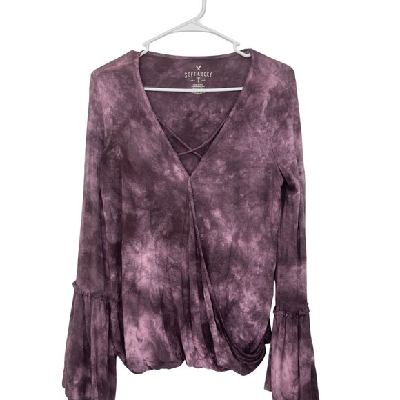 American Eagle Soft & Sexy Tie-Dye Bell Sleeve Wrap Top Blouse Womens M Purple - Picture 9 of 16
